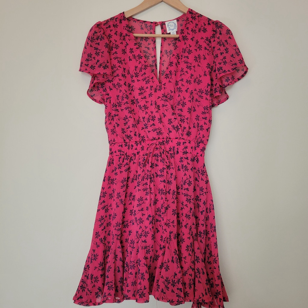 Blue Rain Women's Faux Wrap Pink Floral Ruffle Mini Dress Size XS